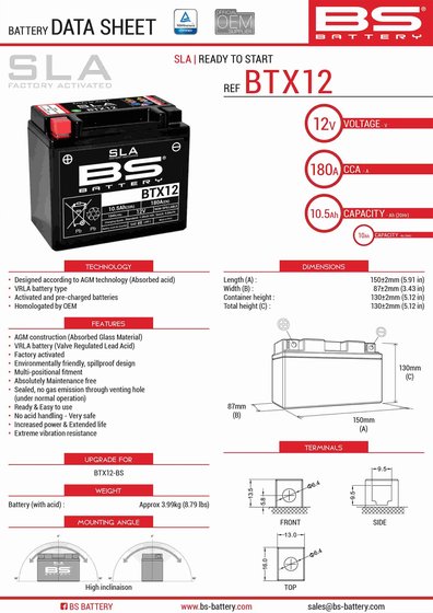 GSF 1200 BANDIT (1996 - 2006) btx12 sla battery | BS BATTERY