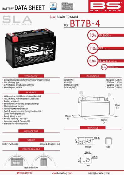 DR-Z 400 (2000 - 2018) bt7b-4 sla 12v 105 a battery | BS BATTERY