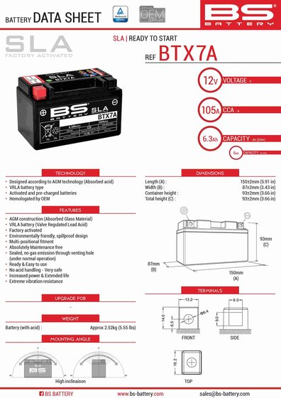 LT Z 90 (2007 - 2017) btx7a sla 12v battery | BS BATTERY