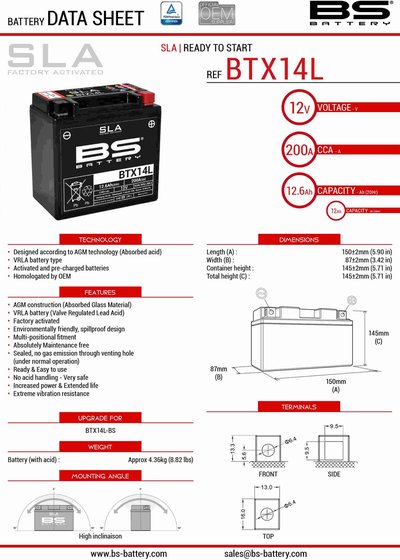 DR 650 RSE (1990 - 1996) btx14 sla 12v battery | BS BATTERY