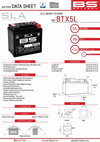 LT 80 QUADSPORT (1988 - 2006) btx5l/btz6s battery | BS BATTERY