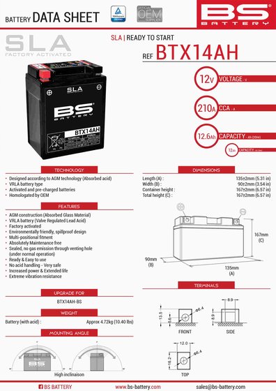 LT-F 300 KING QUAD/QUADRUNNER (1987 - 2002) btx14ah sla 12v 210 a battery | BS BATTERY