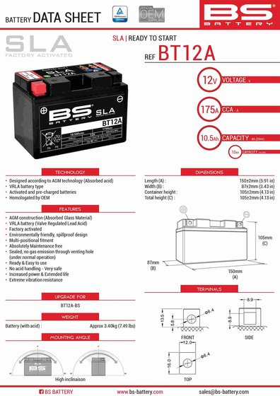 SV 650 X (2018 - 2021) bt12a sla 12v 175 a battery | BS BATTERY