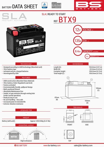 LT-Z 250 (2004 - 2011) btx9 sla 12v 135 a akumuliatorius | BS BATTERY